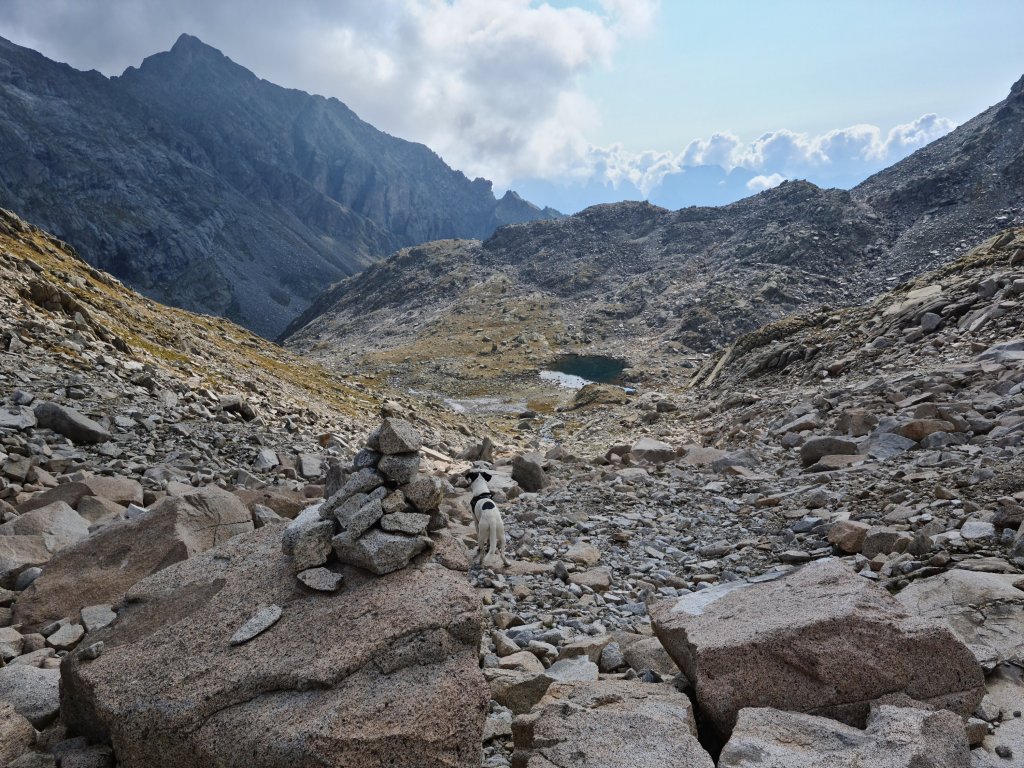 Discesa fuori sentiero verso il Laghetto di Bon con Bruno tra le rocce